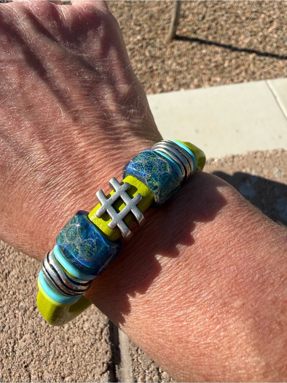 Vibrant Artisan Leather Charm Bracelet – Blue Crackle Beads, Silver Hashtag